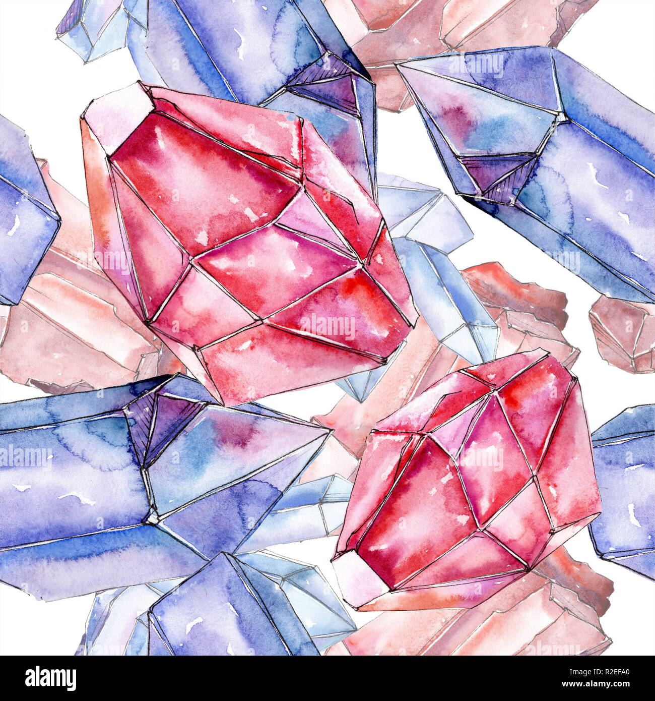 Red and blue crystal mineral. Seamless background for print texture. Watercolor geometric
