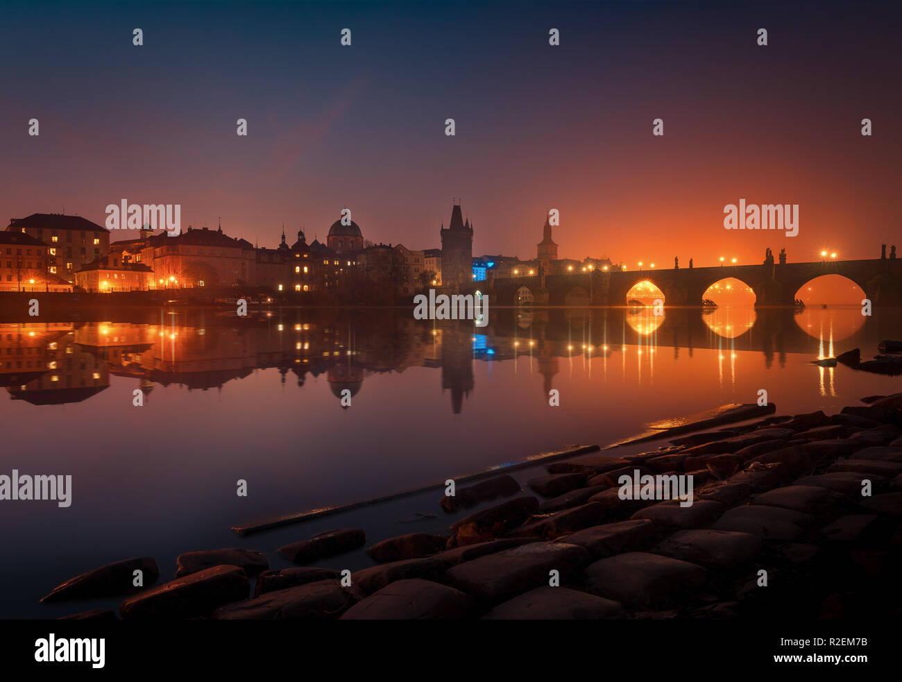 Scenic view of Charles Bridge on the Vltava river and historical center of Prague,buildings and landmarks of old town, Prague, Czech Republic Stock Photo