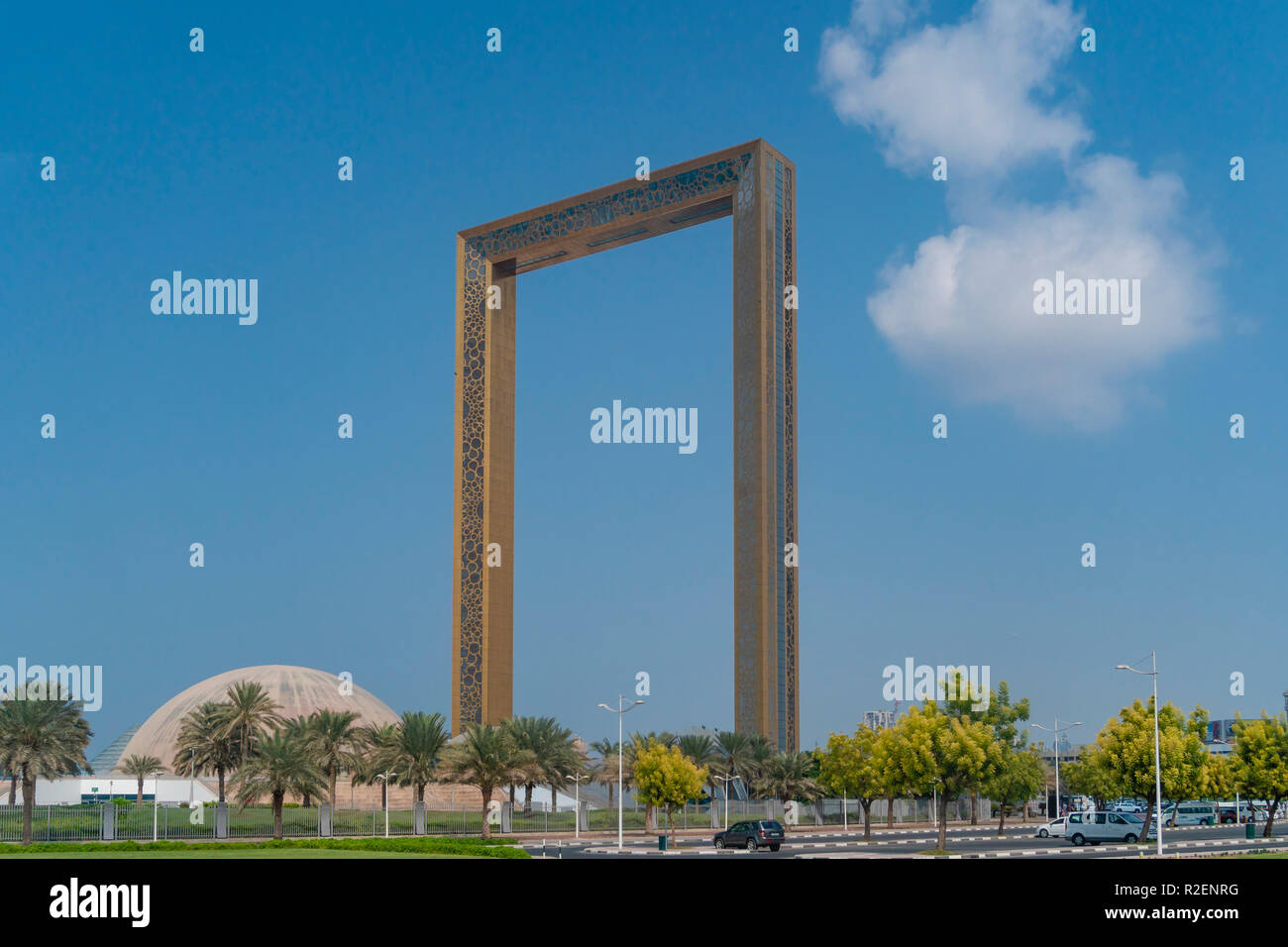 View of The Dubai Frame against blue sky Stock Photo