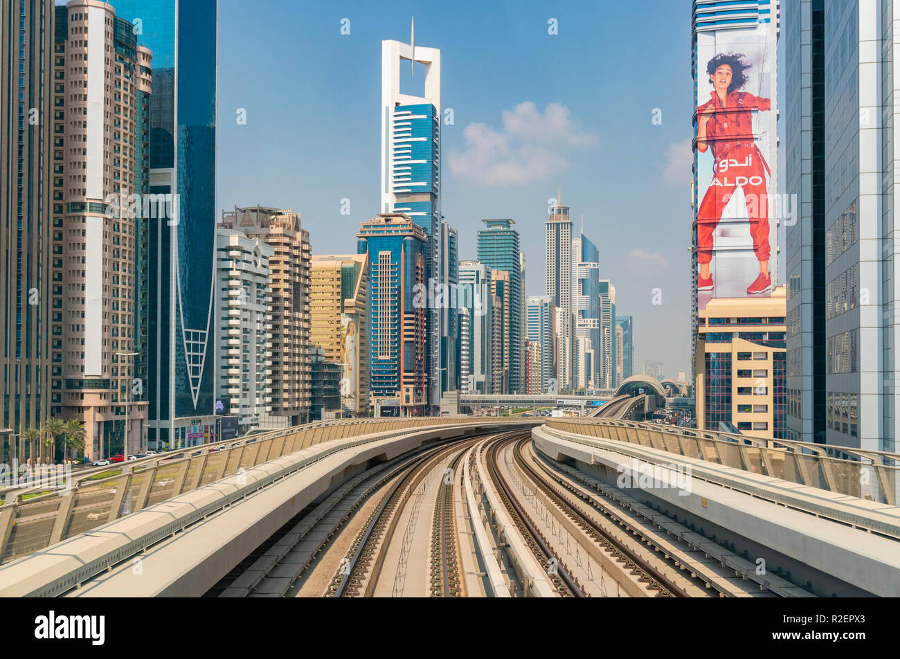 View of downtown Dubai from a Metro train Stock Photo