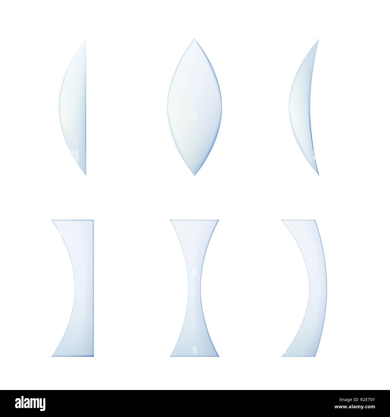 Set of glass lenses of different cross sections. Vector illustration. Collection of optical