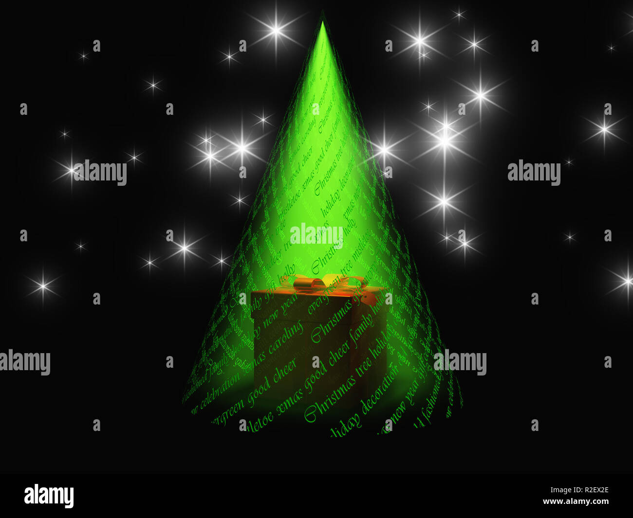 Christmas text with light in shape of tree reveals gift box Stock Photo