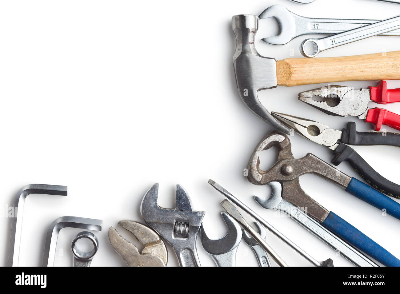 Set of tools. Hand tools for craftsmen isolated on white background. Stock Photo
