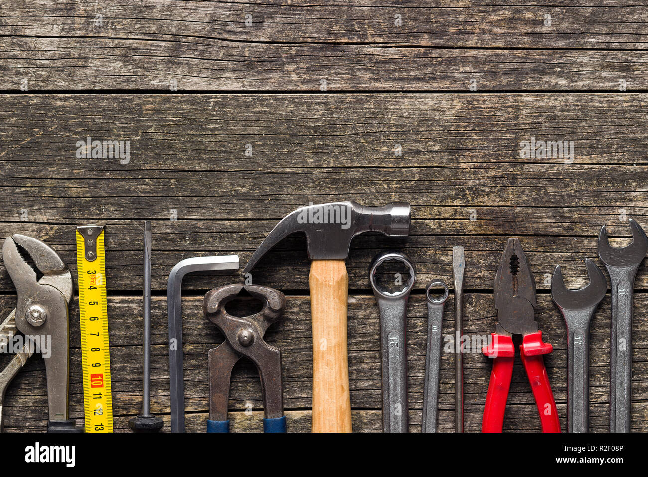 Set of tools. Hand tools for craftsmen. Top view. Flat view. Stock Photo