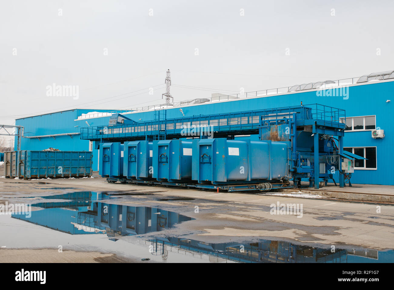 Containers for waste storage at a waste processing plant for further processing and disposal. Stock Photo