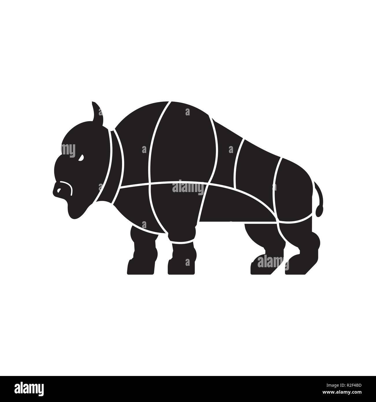 Cut of meat buffalo. Bison silhouette scheme lines of different parts meat. How to cut flesh bull. Poster Butchers diagram for meat stores. Barbecue a Stock Vector