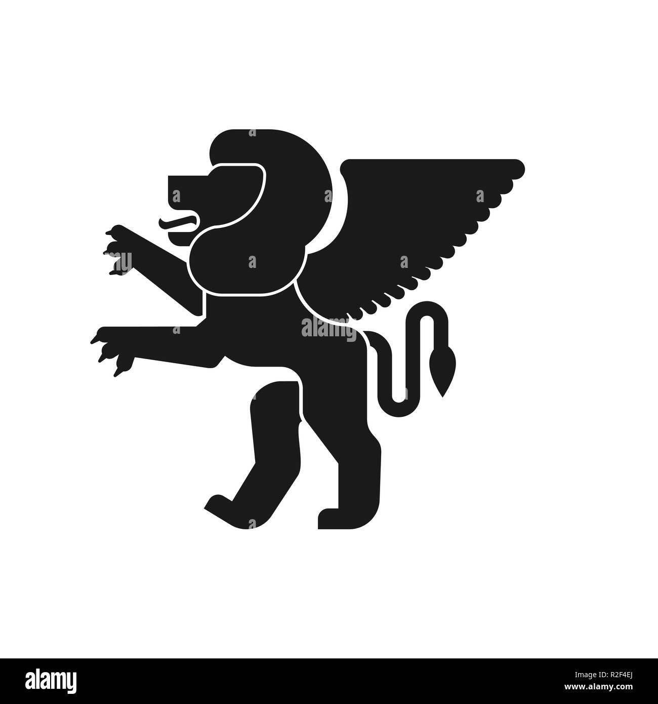 Winged lion Heraldic animal silhouette. Leo with wings. Fantastic Beast. Monster for coat of arms. Heraldry design element. Stock Vector