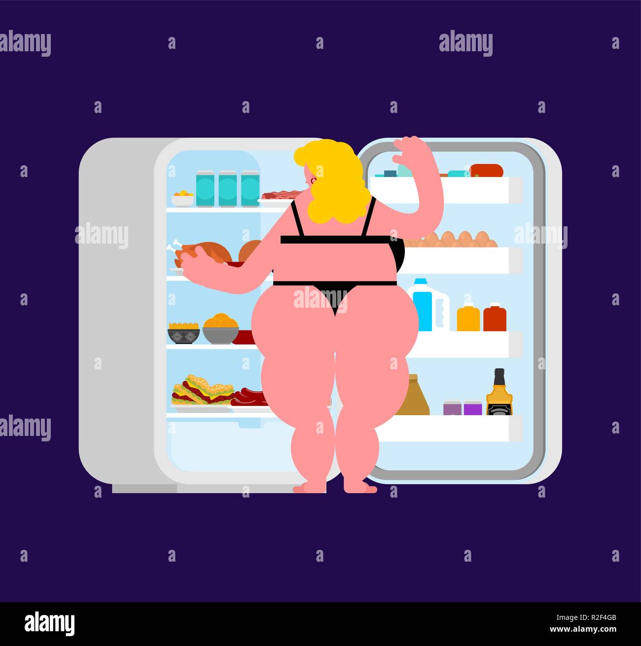 Open fridge night and fat woman. Food silhouette. Refrigerator for glutton Stock Vector