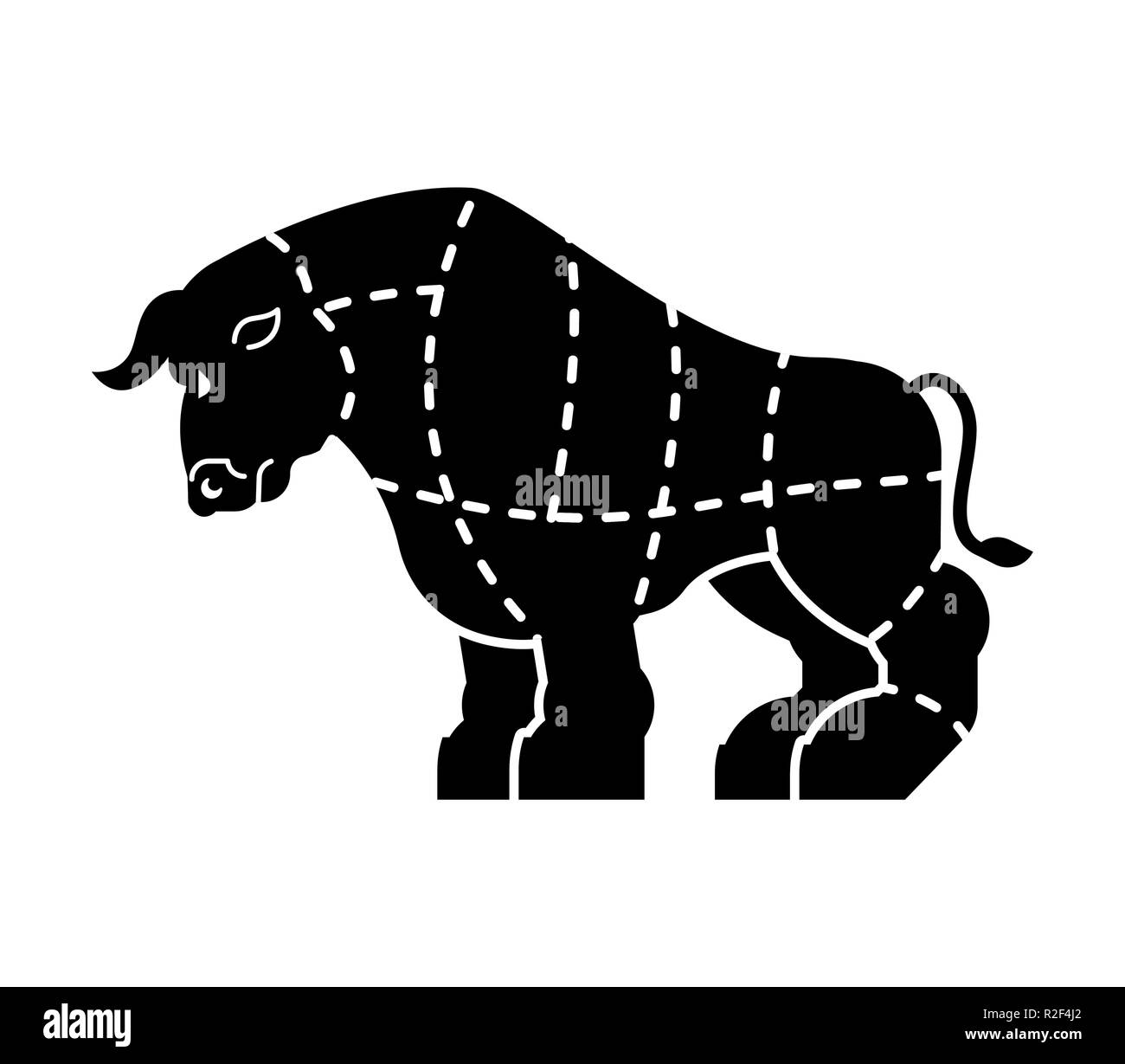 Cut of meat Bull. Ox silhouette scheme lines of different parts meat. How to cut flesh beef. Poster Butchers diagram for meat stores. Barbecue and ste Stock Vector