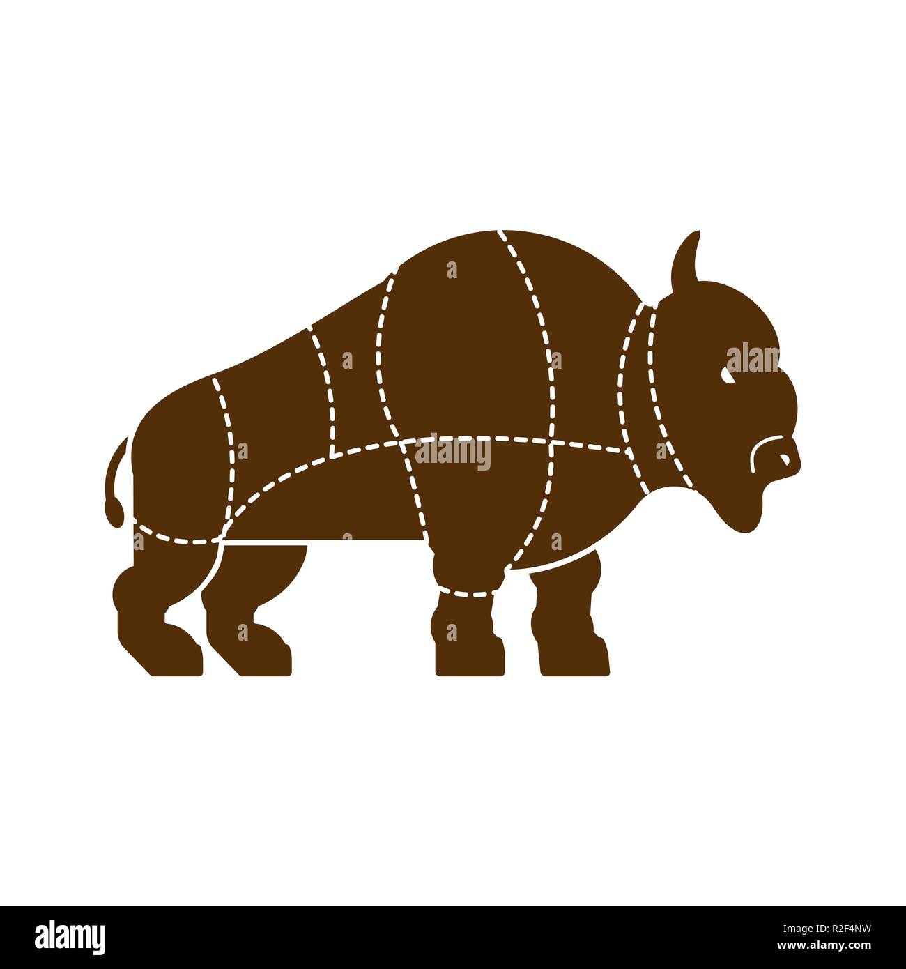 Cut of meat buffalo. Bison silhouette scheme lines of different parts meat. How to cut flesh bull. Poster Butchers diagram for meat stores. Barbecue a Stock Vector
