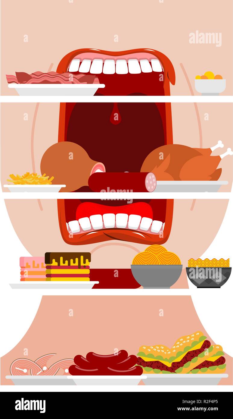 Open fridge and fat man Inside view. lot of food. Refrigerator for glutton Stock Vector