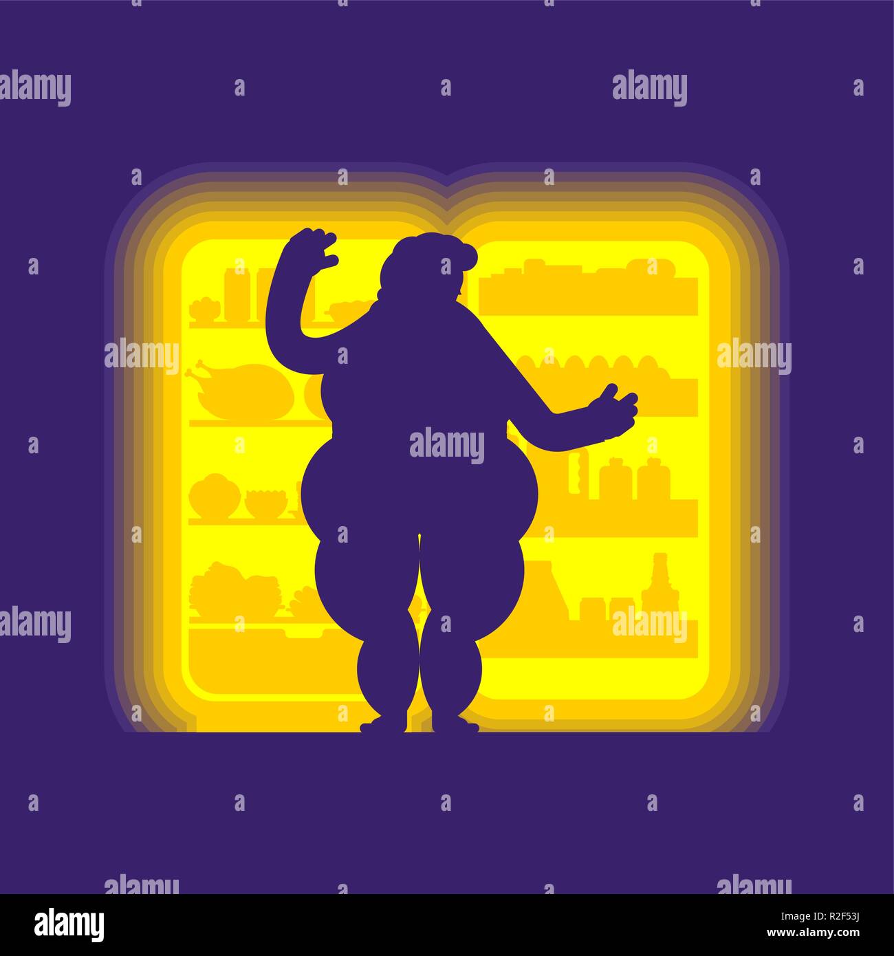 Open fridge night and fat woman. Food silhouette. Refrigerator for glutton Stock Vector