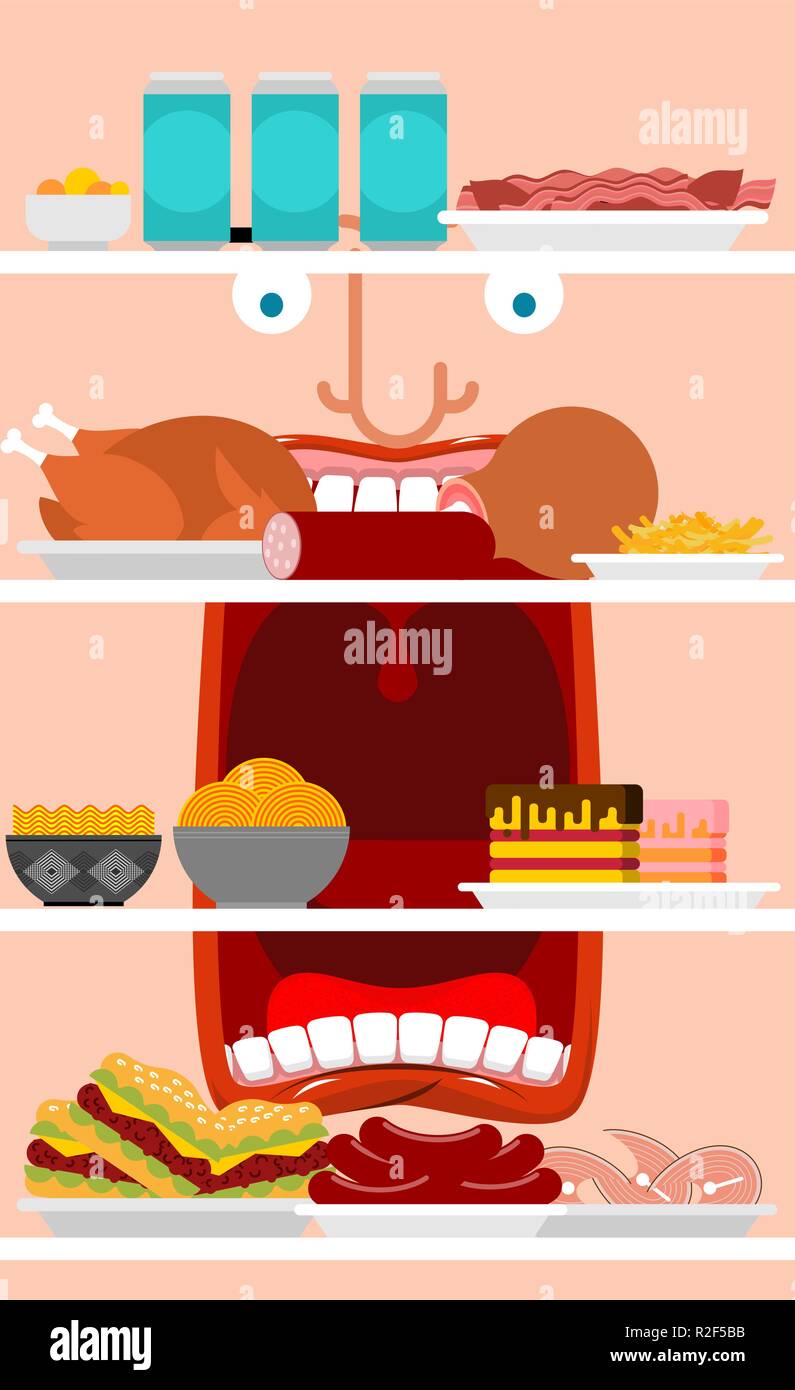 Open fridge and fat man Inside view. lot of food. Refrigerator for glutton Stock Vector