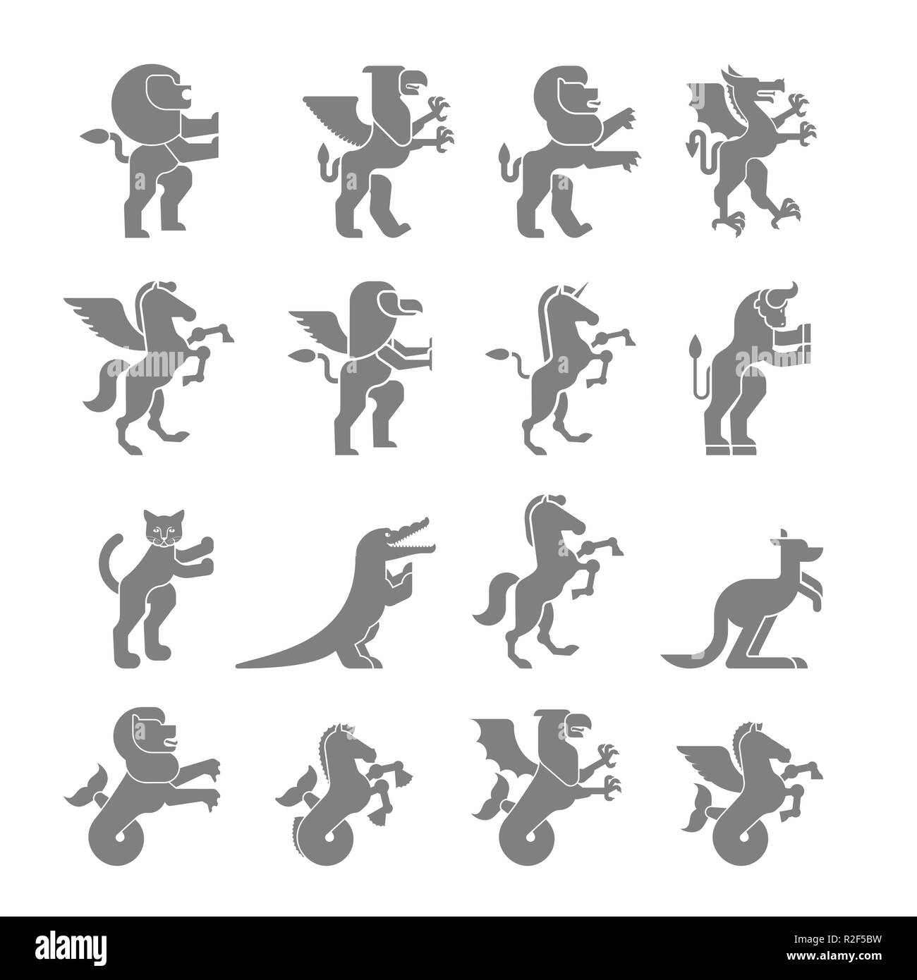 Heraldic animal silhouette set. Hippocampus and lion. Dragon and wyvern ...