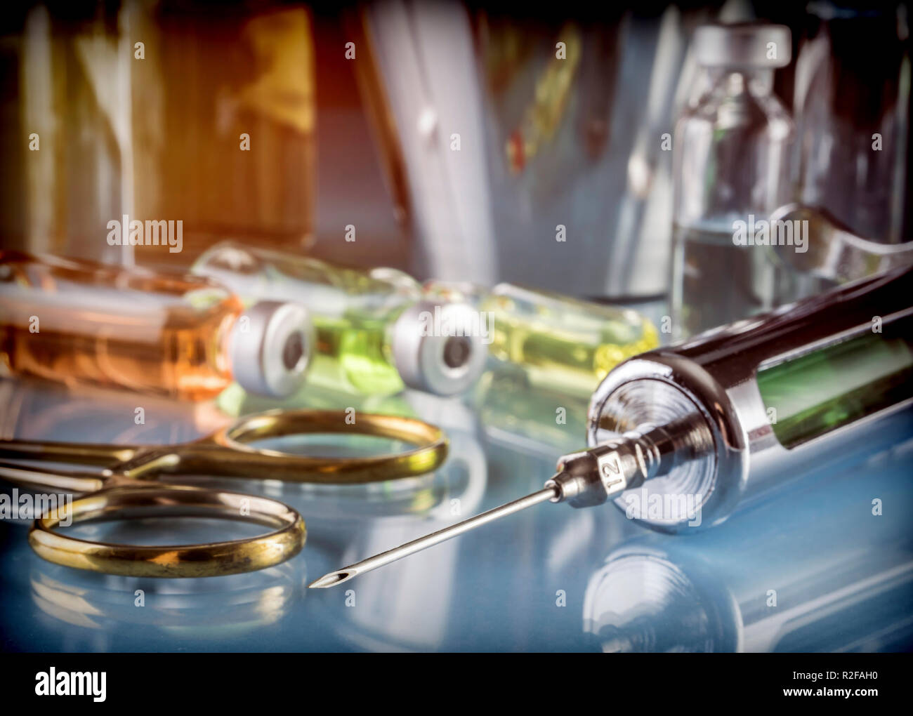 Different vials and utensils in an operating theater, conceptual image Stock Photo
