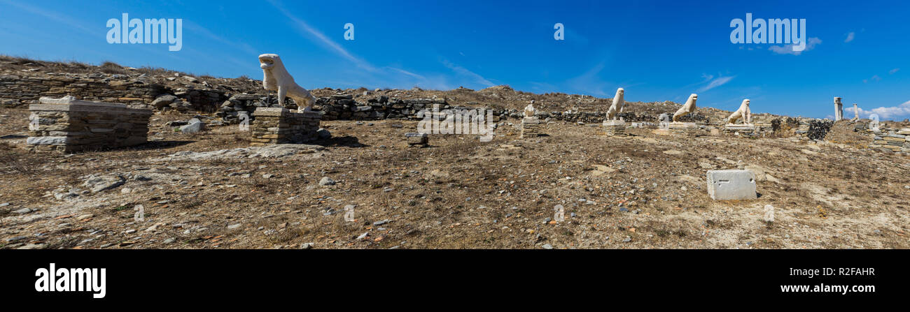 The ancient lion statues on the sacred island of Delos, Greece. The birth place of god Apollo. Stock Photo
