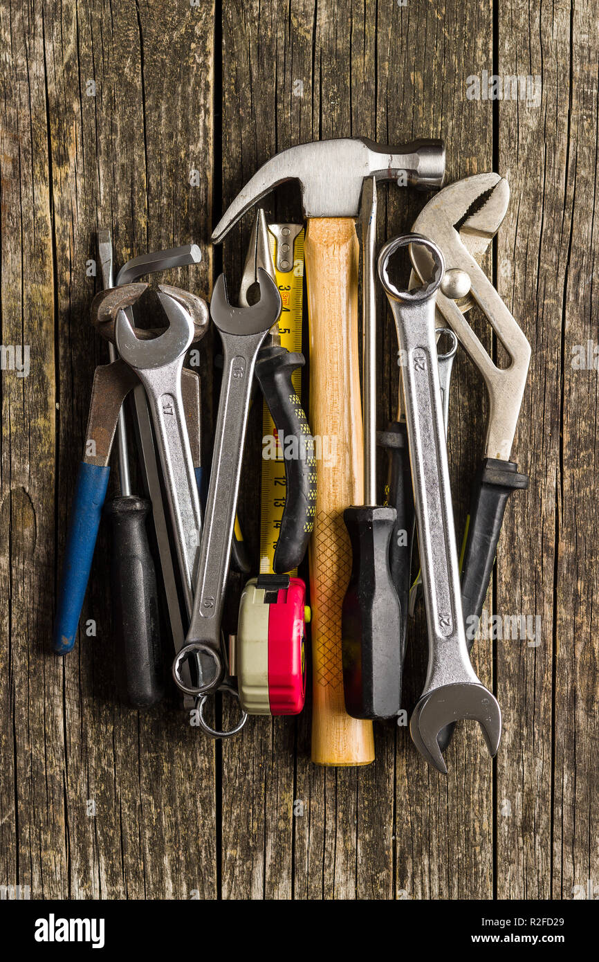 Set of tools. Hand tools for craftsmen. Top view. Flat view. Stock Photo