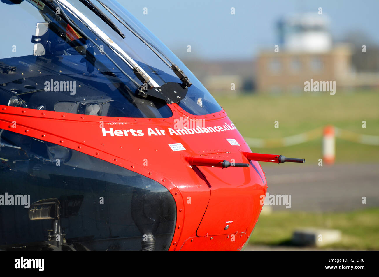 Essex and  Herts Air Ambulance MD 900 Explorer G-HAAT helicopter sitting ready on alert at North Weald Airfield, Essex. Specialist Aviation Services Stock Photo