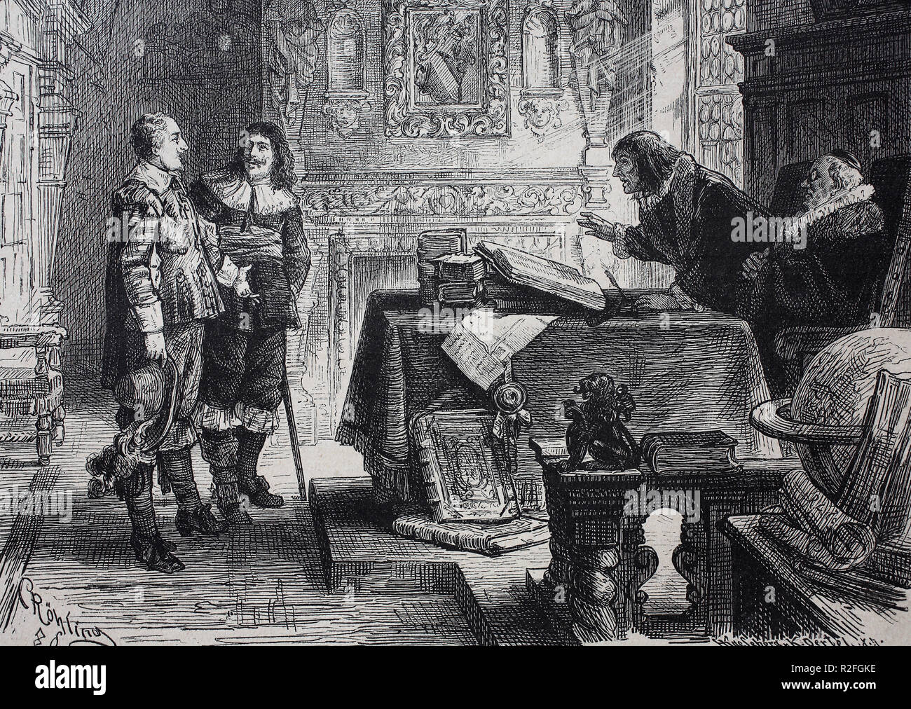 Digital improved reproduction, a interrogation of the studiosus Wallenstein in front of the rector of the school in Altdorf, ca 1626, Albrecht Wenzel Eusebius von Wallenstein, 1583-1634, also von Waldstein, a Bohemian military leader and nobleman who gained prominence during the Thirty Years' War (1618â€“1648), in the Catholic side, from an original print from the 19th century Stock Photo