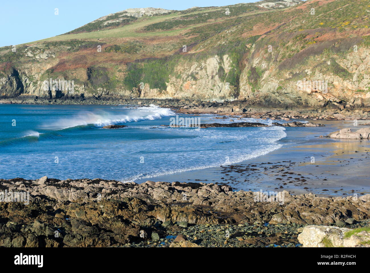 Church bay at the beautiful Welsh island of Anglesey. Rocky cliffs and