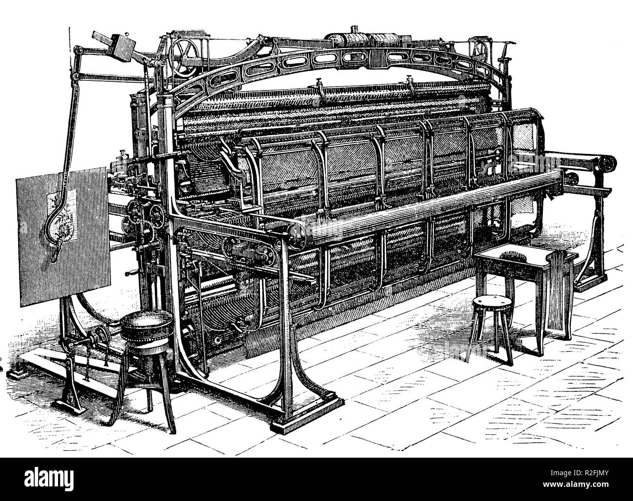 Digital improved reproduction, Knitting machine, produced by Heilmann, 1888, from an original print from the 19th century Stock Photo