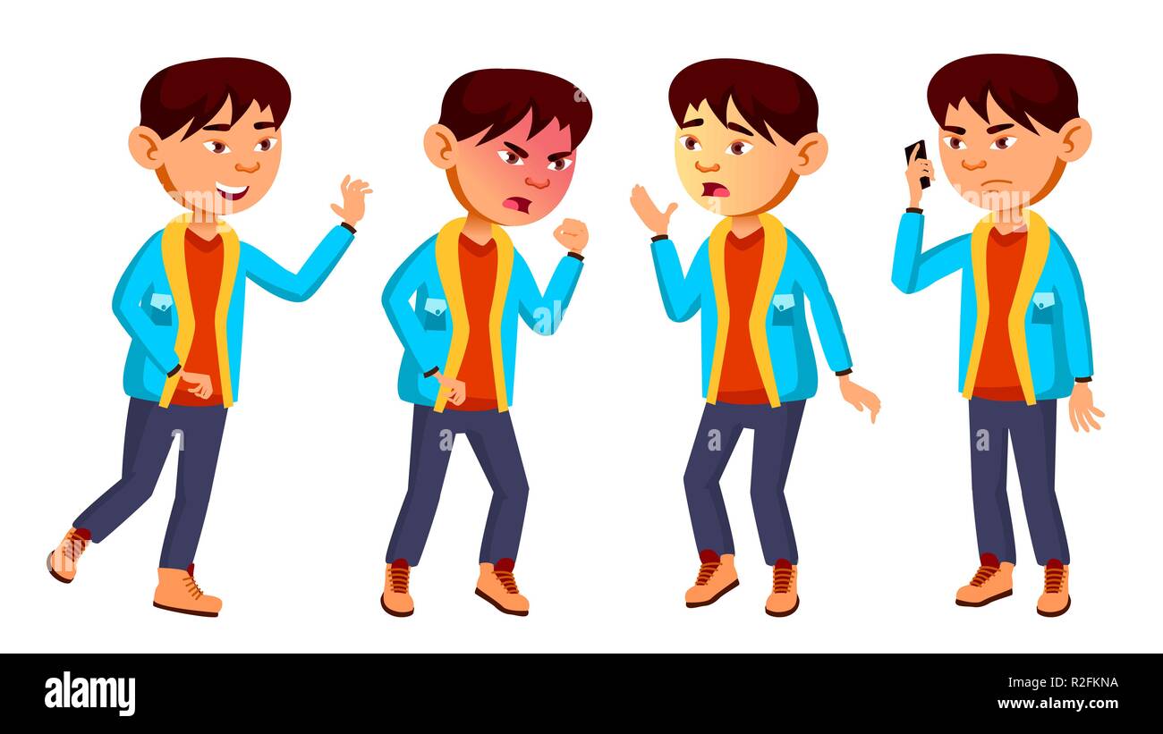 Asian Boy Schoolboy Kid Poses Set Vector. Primary School Child ...