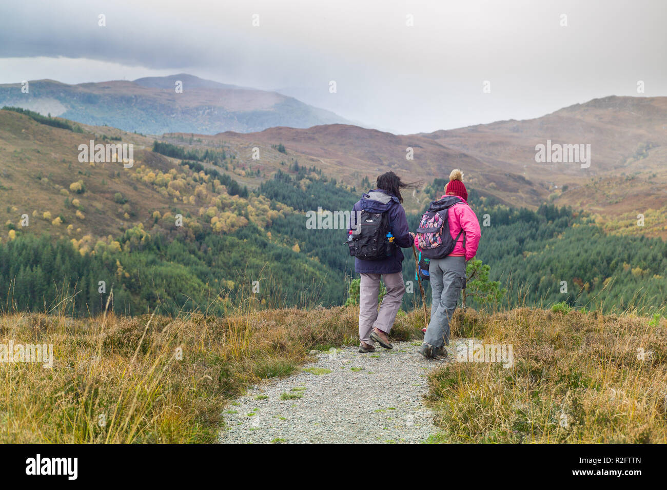 Walkers on the Great Glen Way High Route between Invermoriston and Drumnadrochit above Alltsigh, Highlands, Scotland Stock Photo