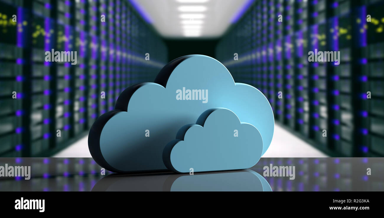 Cloud computing data center. Storage cloud on blur computer data center background. 3d illustration Stock Photo