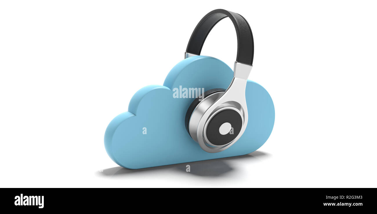Cloud computing music storage. Blue clouds and headphones isolated on white background. 3d illustration Stock Photo