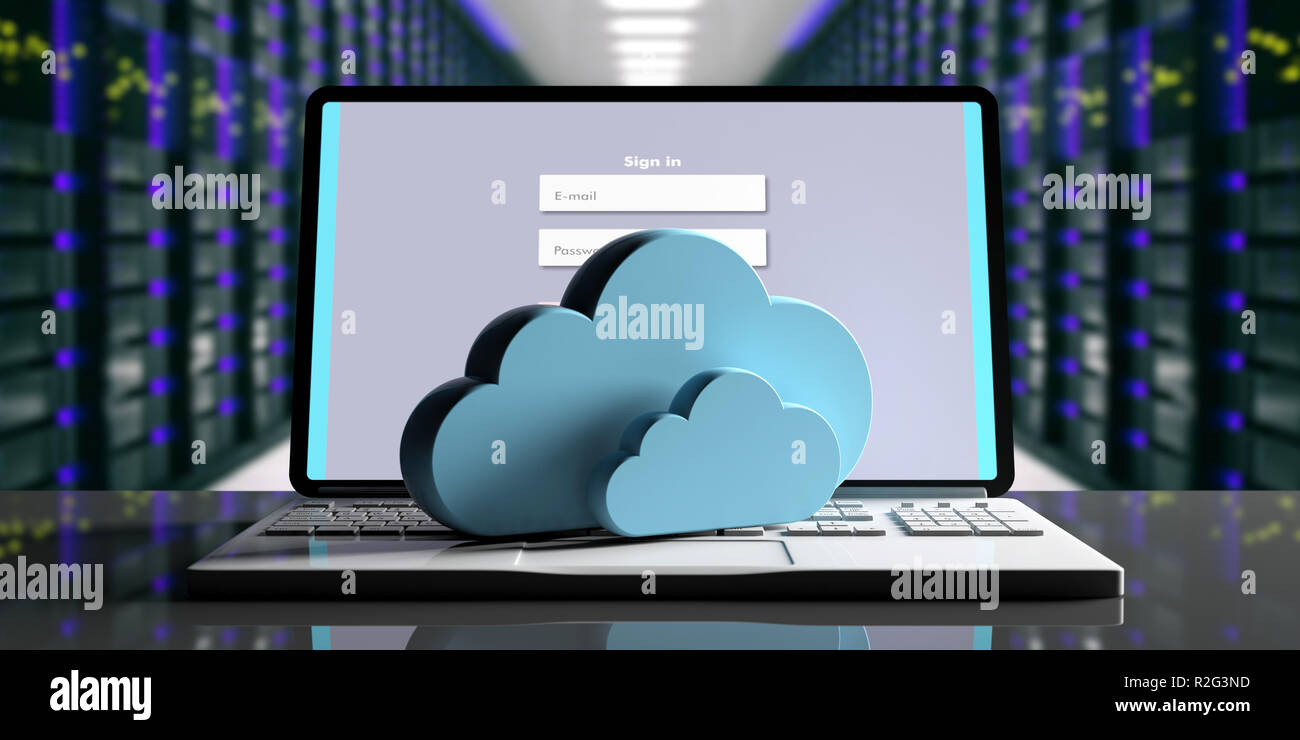 Cloud computing data center. Storage cloud on a computer, blur data center background, login on the screen. 3d illustration Stock Photo