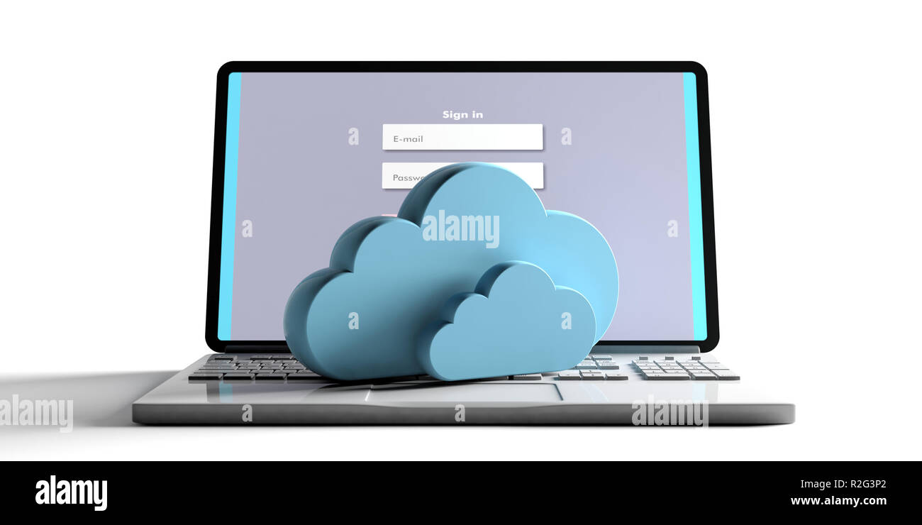 Computer cloud concept, Clouds pn a computer laptop, isolated on white background, login on the computer screen. 3d illustration Stock Photo