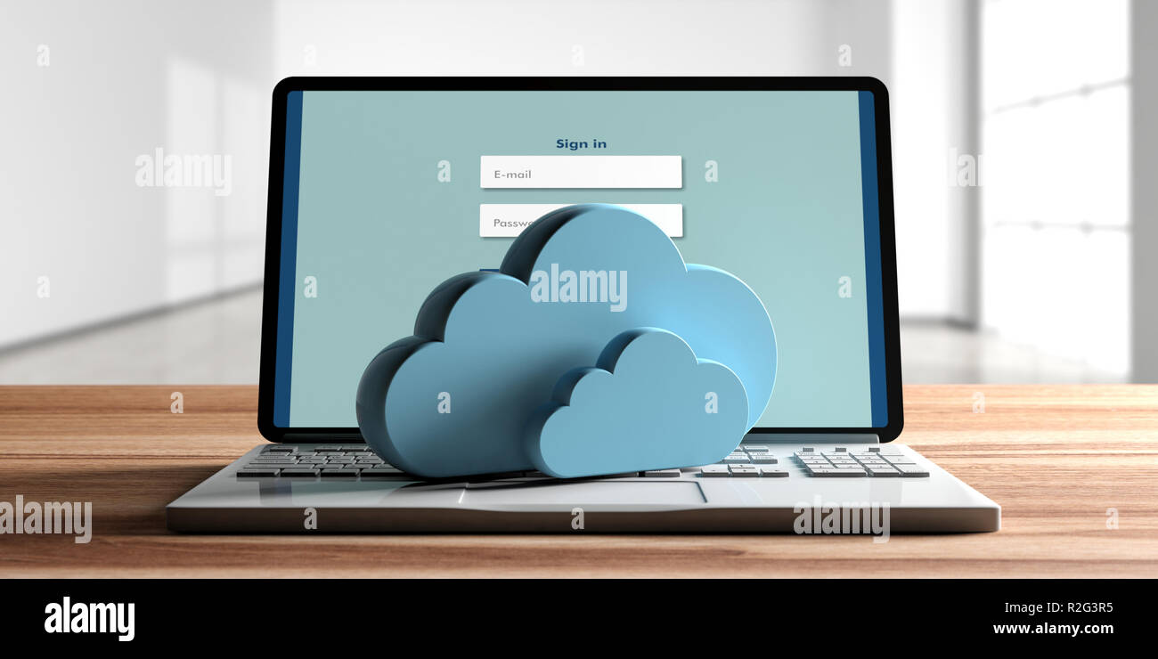 Computer cloud concept, Clouds pn a computer laptop, blur office background, login on the computer screen. 3d illustration Stock Photo