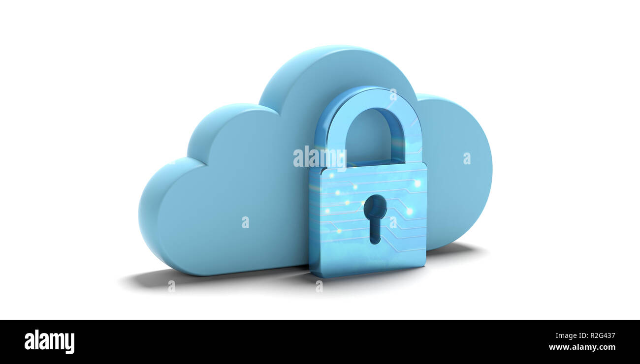 Cloud computing and cyber security, data protective shield. Blue cloud and padlock isolated on white background. 3d illustration Stock Photo