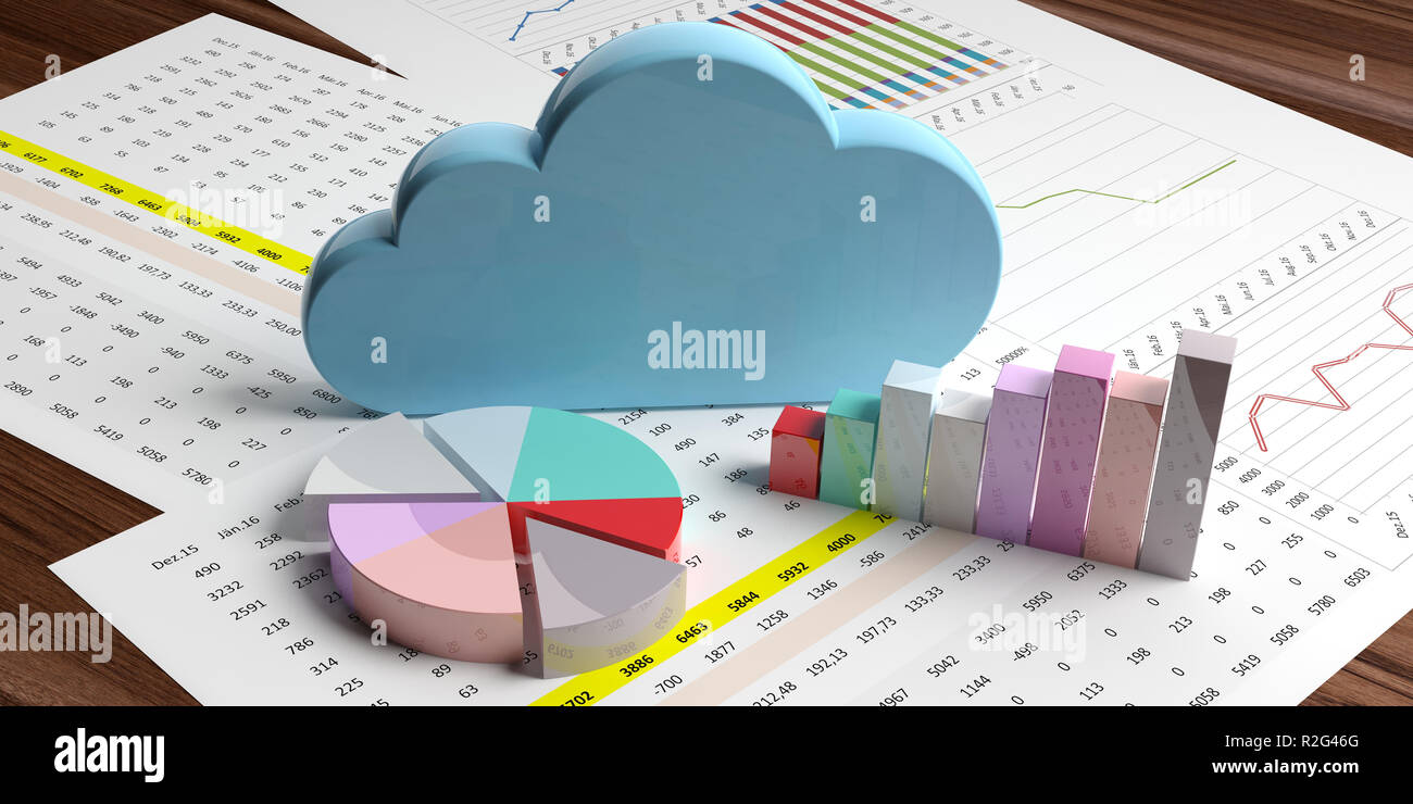 Cloud computing stats concept. Blue cloud on data analysis charts. 3d illustration Stock Photo