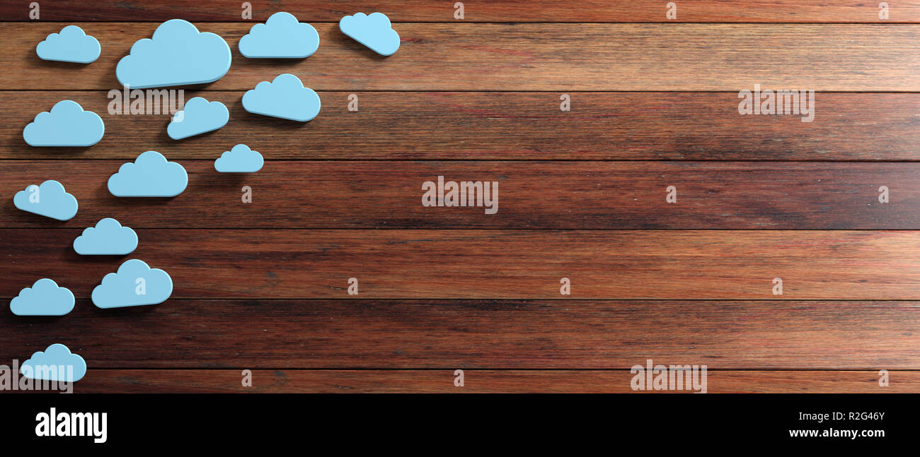 Cloud computing, Blue clouds on wooden background, copy space, banner ...