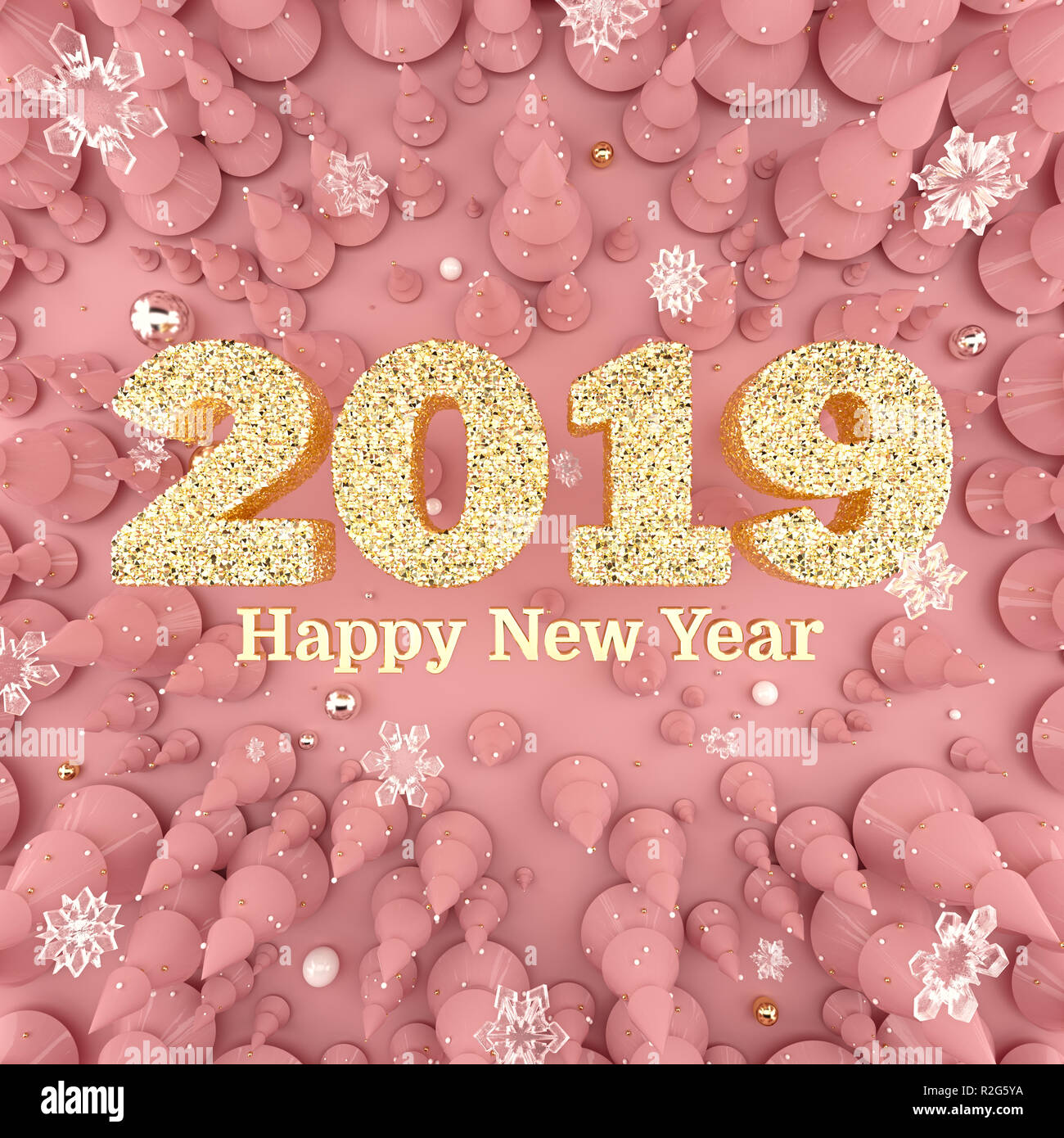 Rose Gold Happy New Year 2019 top view 3D illustration. Stock Photo