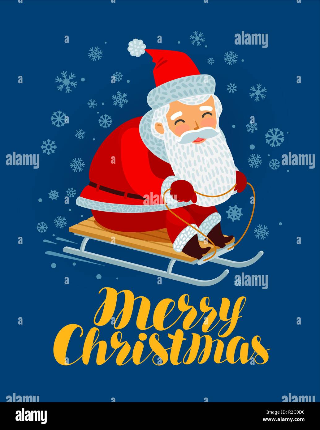 Merry Christmas greeting card. Santa Claus rides a sled. Cartoon vector illustration Stock Vector