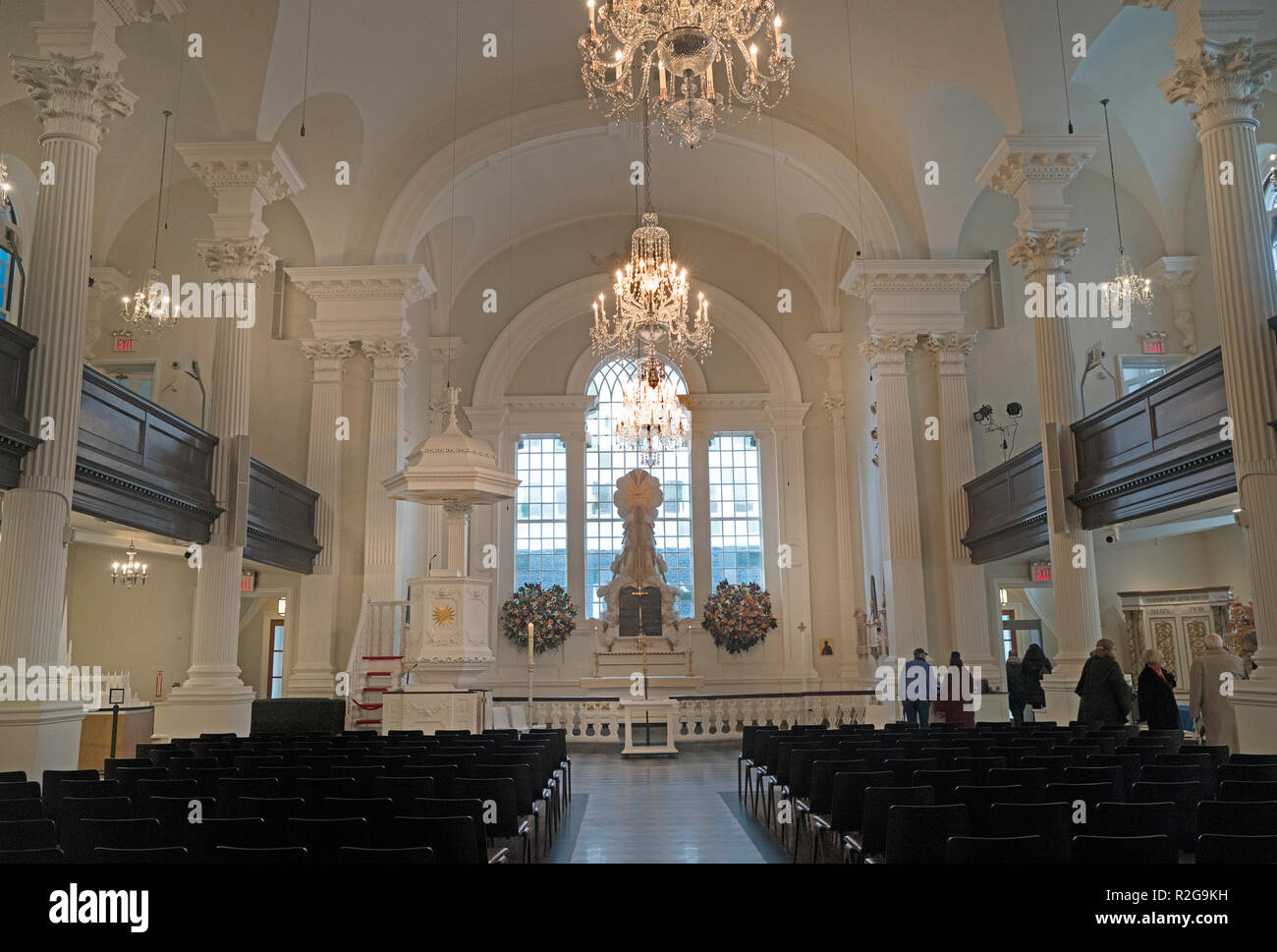 St. Paul’s Chapel on Broadway in Lower Manhattan, dates from 1766. Part of the Parish of Trinity Wall Street, it is a National Historic Landmark. Stock Photo