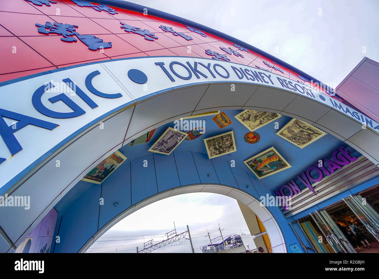 Tokyo Disneyland station sign at the Disney Resort Line monorail system in Chiba, Japan Stock Photo