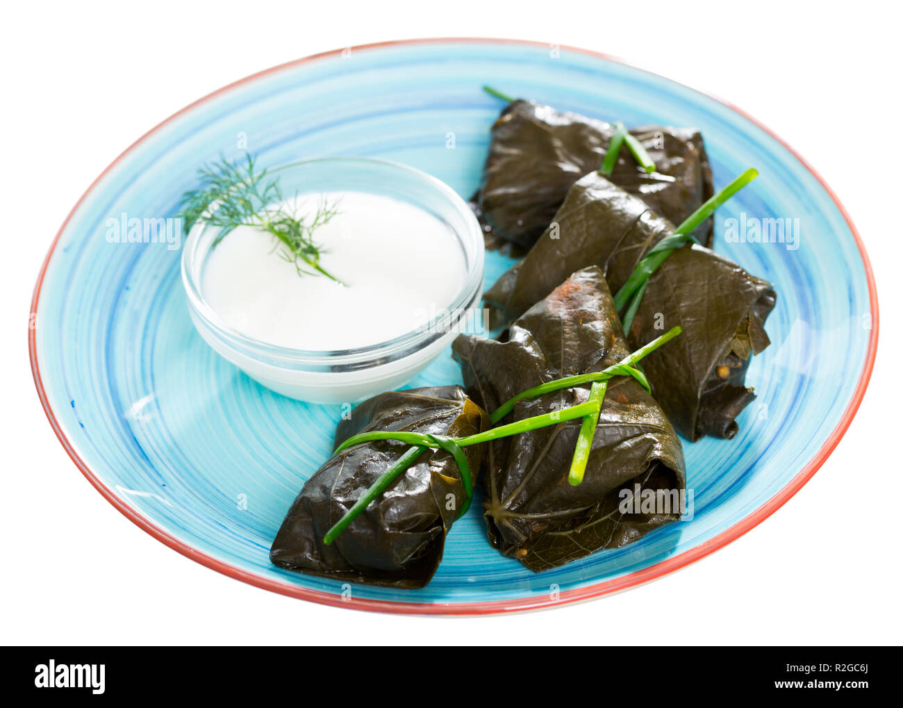 Grape leaves rolls stuffed with minced meat served with yogurt sauce