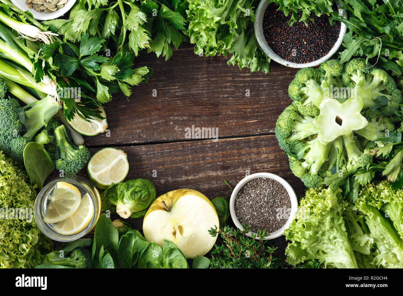 Frame of vegetables, fruit, superfood and herbs top view. Healthy food