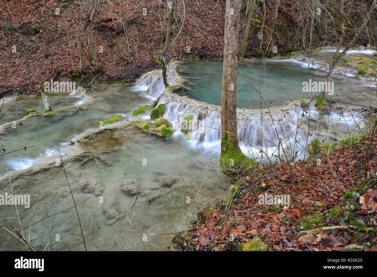 One single round bigar pond and waterfall formed by bigar limestone sedimentation, clear turquoise water, a few stones and trees covered by green moss Stock Photo