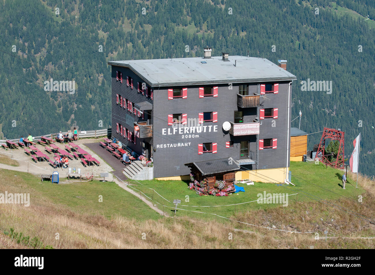 Elferhutte a restaurant and refuge on the summit of Elfer mountain, Neustift im Stubaital, Tirol, Austria Stock Photo