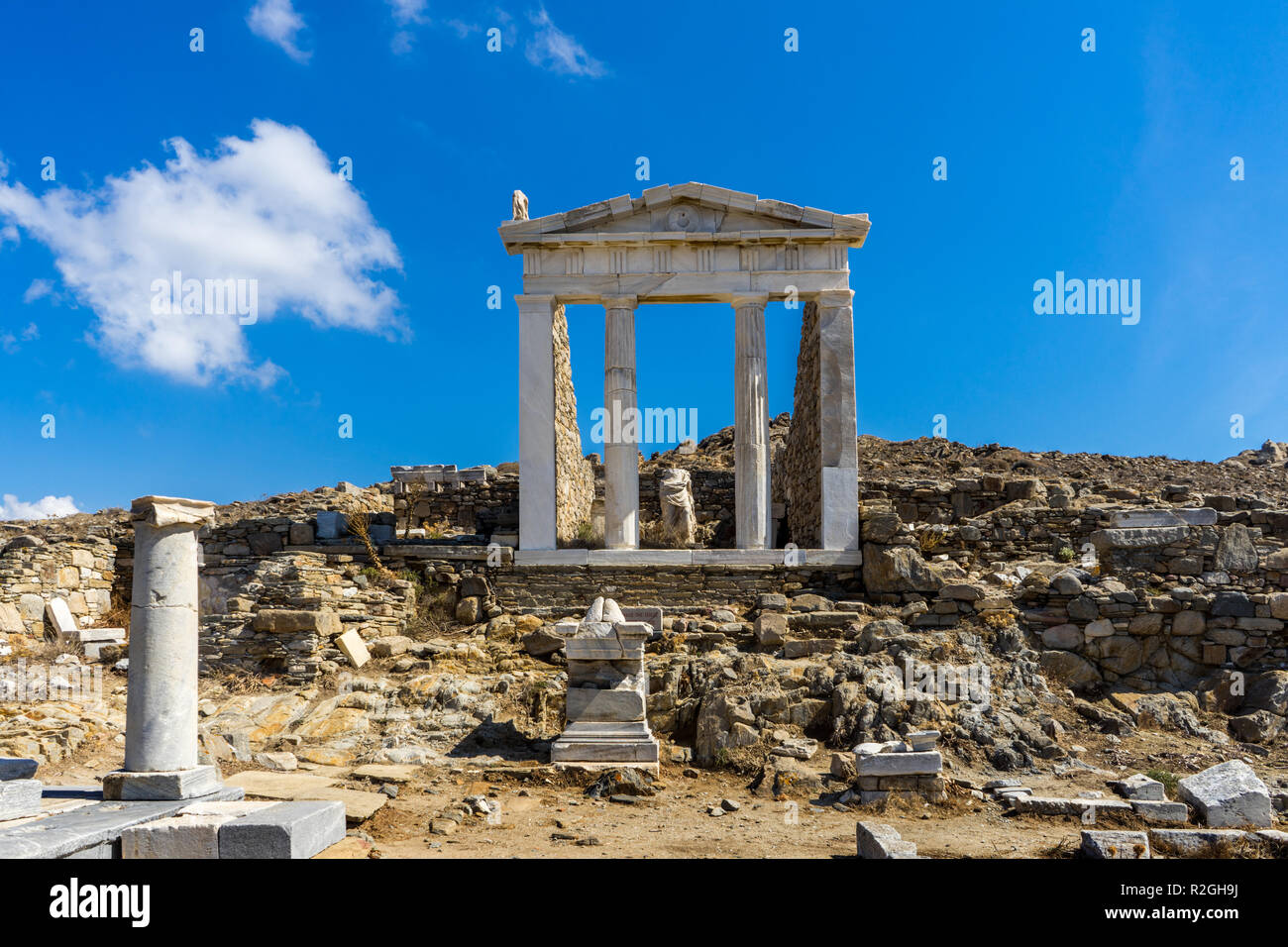 The ancient monuments and ruins on the sacred island of Delos, Greece. The birth place of god Apollo. Stock Photo