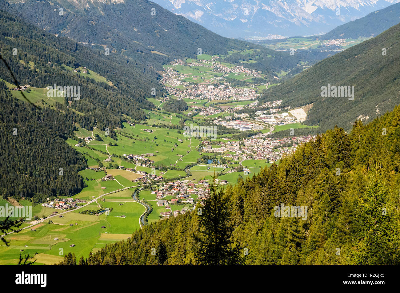 Stubai Valley looking north towards Innsbruck, as seen from the summit of Elfer Mountain, Tyrol, Austria Stock Photo
