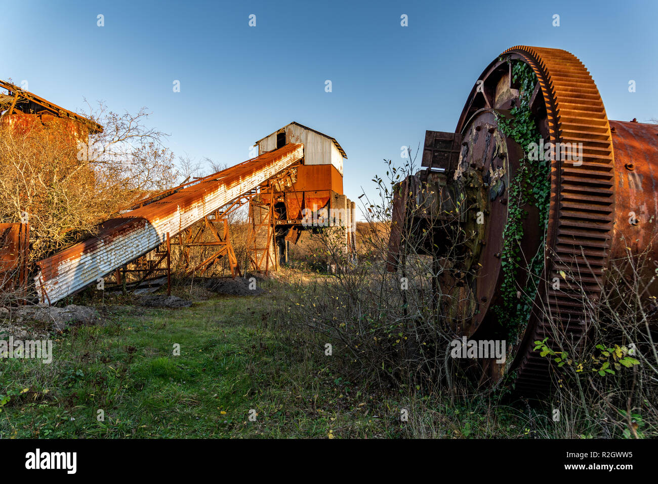 Abandoned lime quarry, buildings and machinery in Bridgend, South Wales