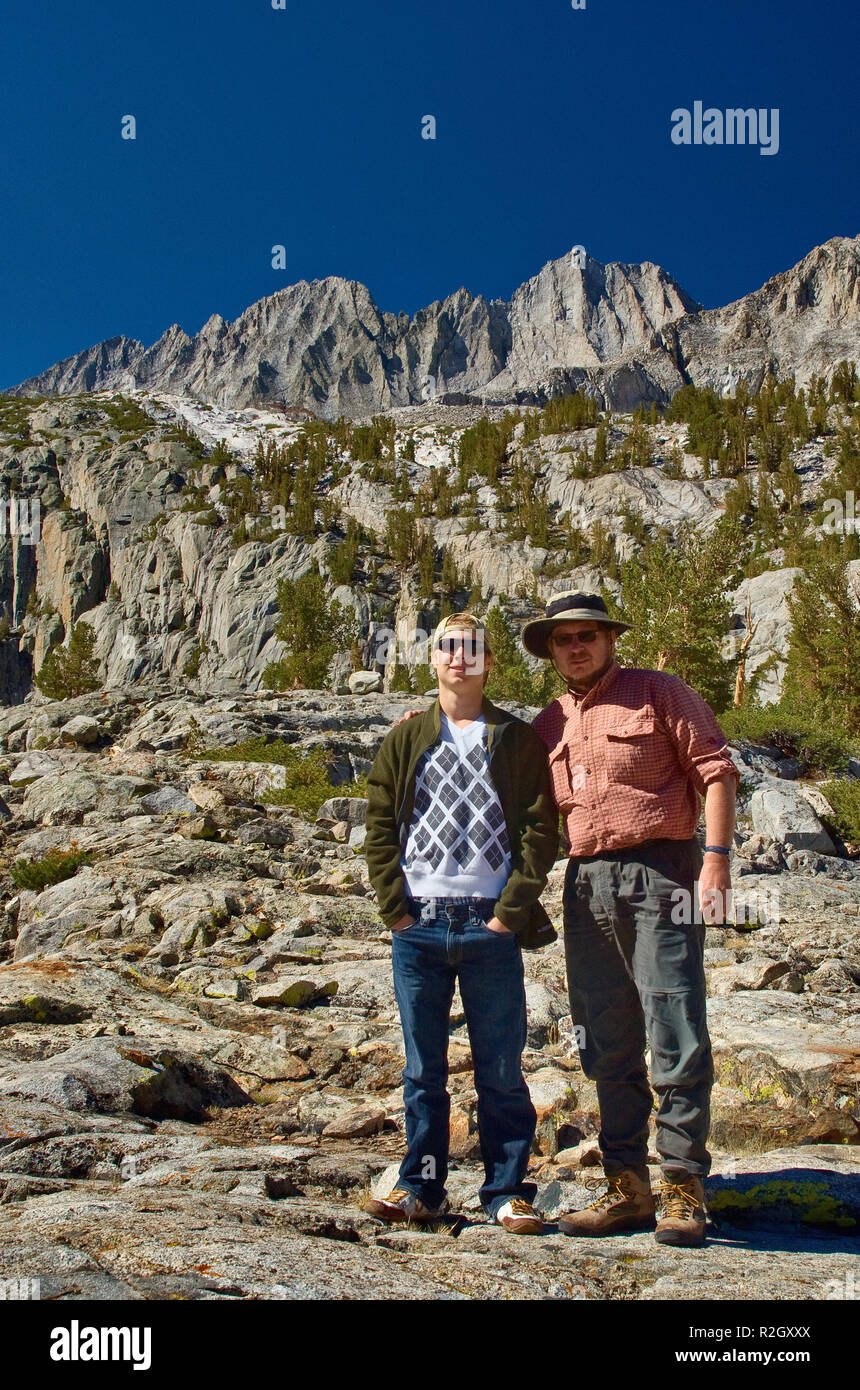 Father and son, Middle Palisade from area near Brainard Lake, The Palisades region, John Muir Wilderness, Eastern Sierra Nevada, California, USA Stock Photo