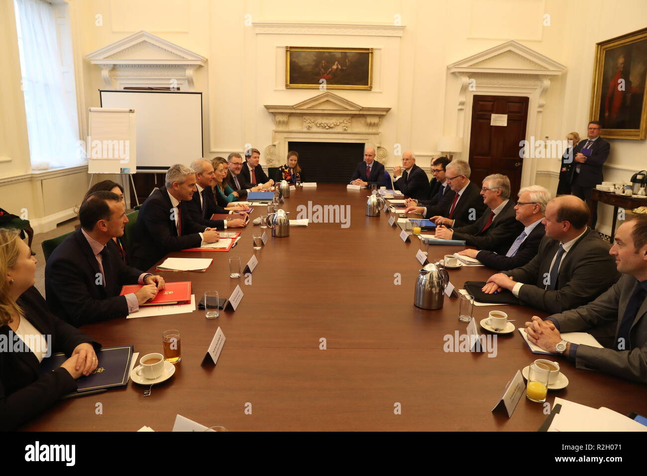 New Brexit Secretary Stephen Barclay (fourth left) during a Joint  Ministerial Committee with Northern Irish Secretary Karen Bradley (left),  Welsh Secretary Alun Cairns (second left), UK Cabinet Office minister David  Lidington (fifth