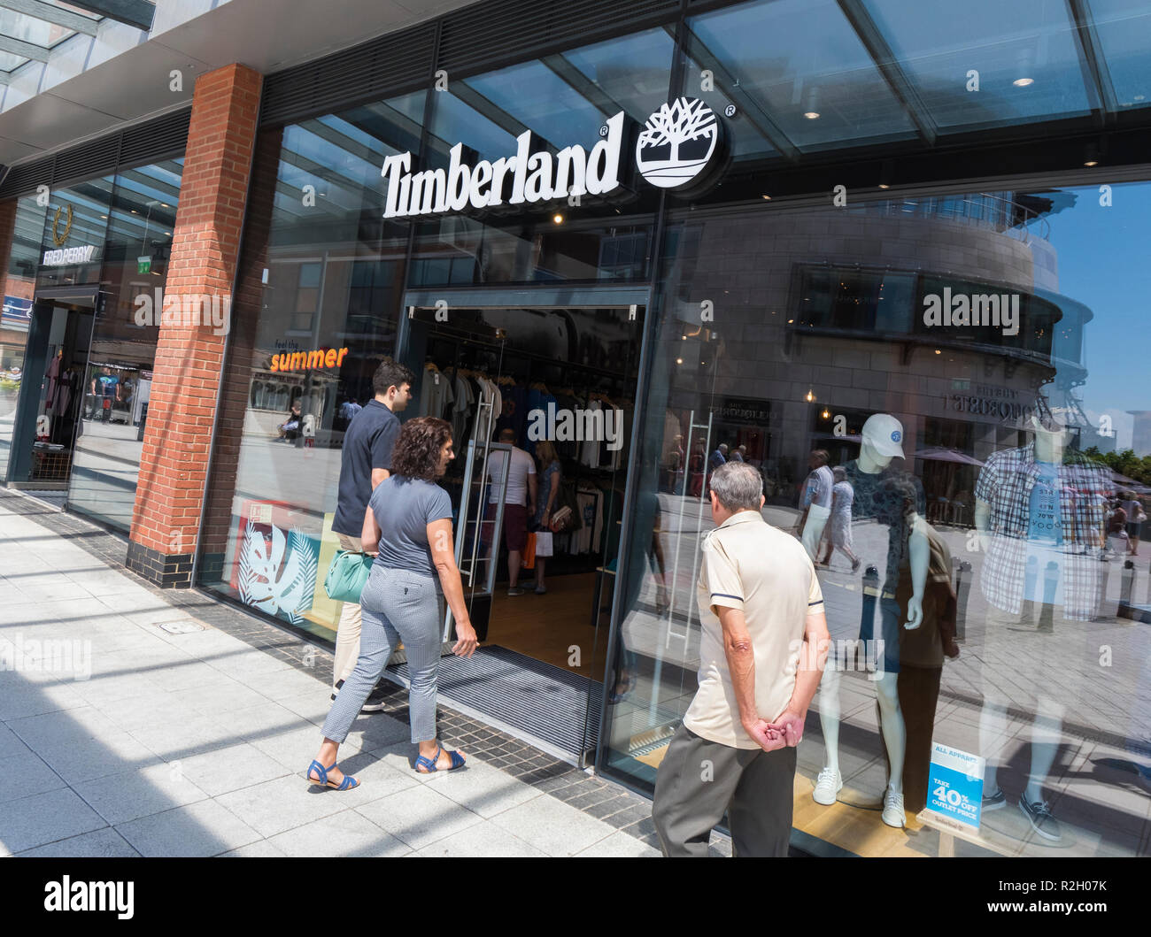 Timberland clothing store front entrance at Gunwharf Quays, Portsmouth, Hampshire. England, UK. Stock Photo