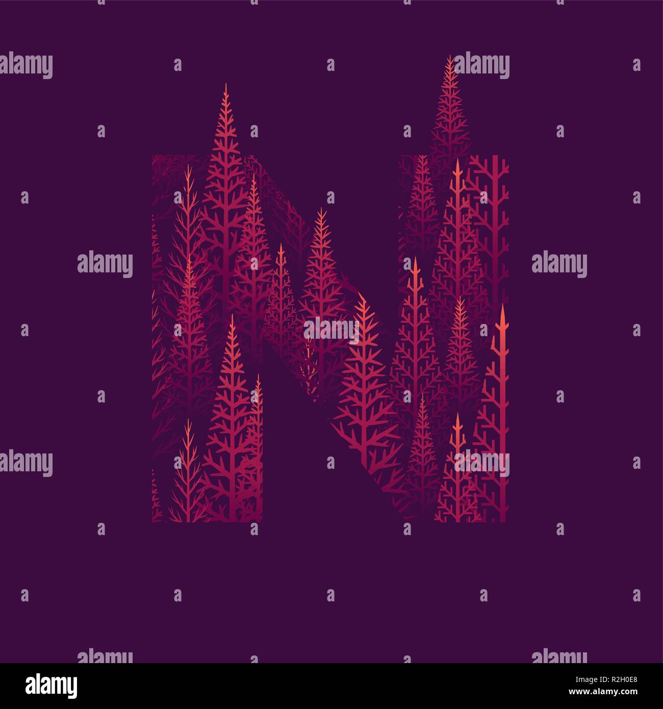 Vector N letter with pine tree forest illustration for Happy New Year ...